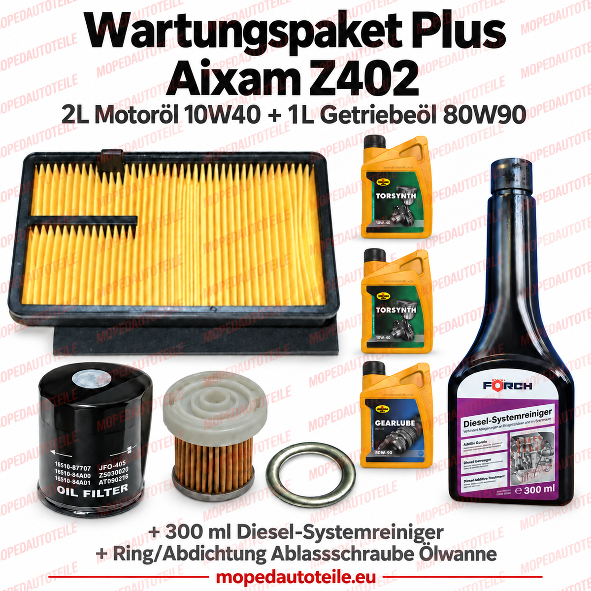Kit d’entretien Plus Aixam Z402 – kit de filtres + 2 L huile moteur 10W40 + 1 L huile de boîte 80W90 + joint d’étanchéité + nettoyant pour circuit diesel