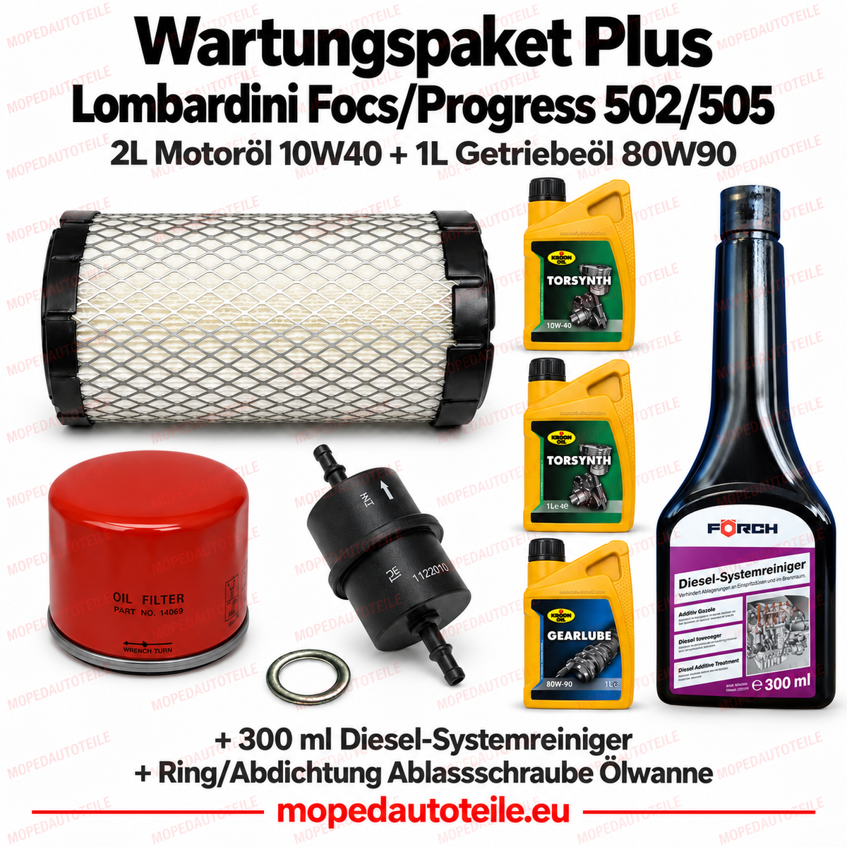 Kit d’entretien Plus Lombardini Focs/Progress 502/505 – kit de filtres + 2 L huile moteur 10W40 + 1 L huile de boîte 80W90 + joint d’étanchéité + nettoyant pour circuit diesel — 95.0864.3C