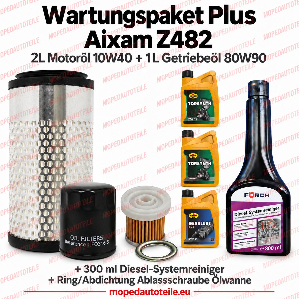Kit d’entretien Plus Aixam Z482 – kit de filtres + 2 L huile moteur 10W40 + 1 L huile de boîte 80W90 + joint d’étanchéité + nettoyant pour circuit diesel