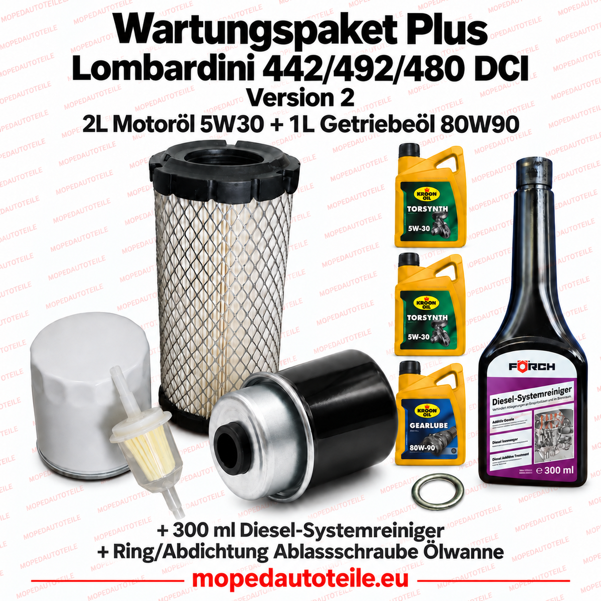 Kit d’entretien Plus Lombardini 442/492/480 DCI (Version 2) – kit de filtres + 2 L huile moteur 5W30 + 1 L huile de boîte 80W90 + joint d’étanchéité + nettoyant pour circuit diesel — 95.0864.3C