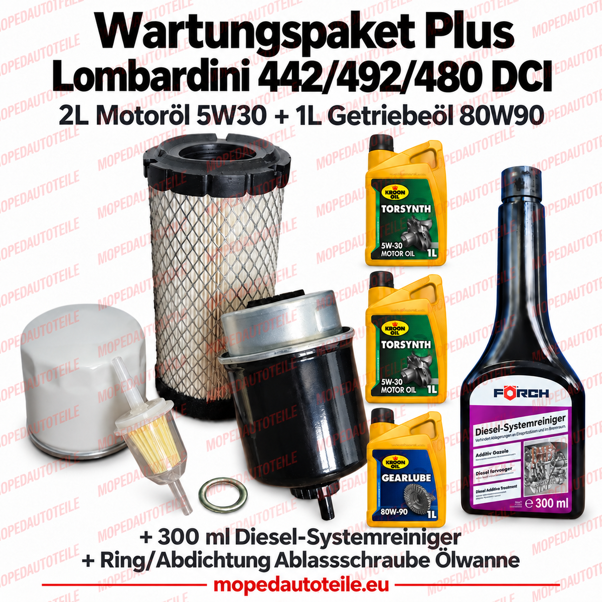 Kit d’entretien Plus Lombardini 442/492/480 DCI – kit de filtres + 2 L huile moteur 5W30 + 1 L huile de boîte 80W90 + joint d’étanchéité + nettoyant pour circuit diesel — 95.0864.3C