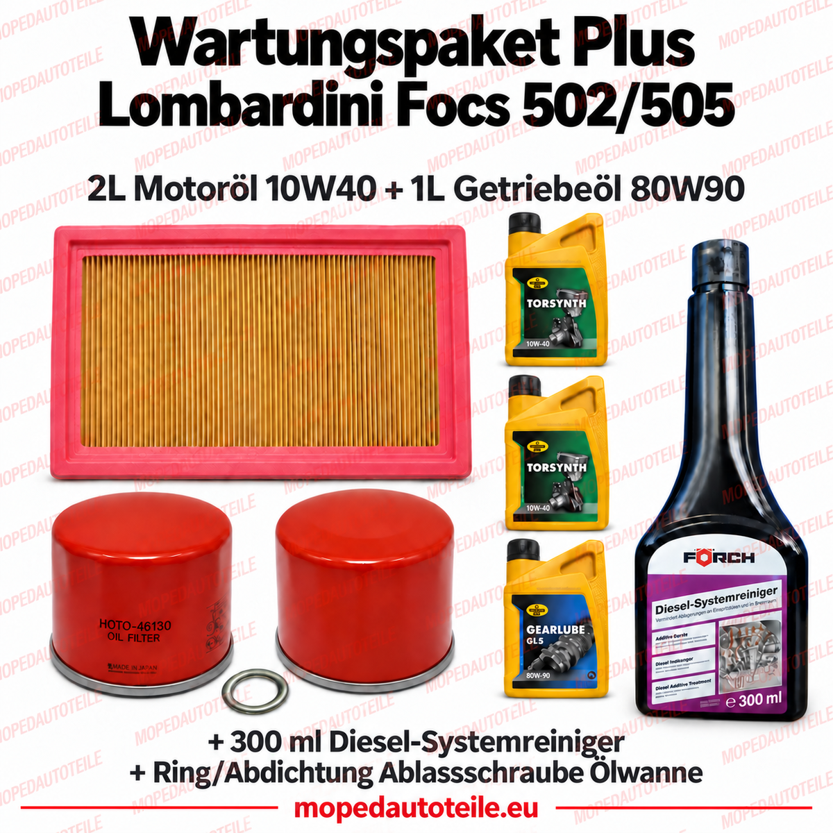 Kit d’entretien Plus Lombardini Focs 502/505 (Ambra / Stella / VX550) – kit de filtres + 2 L huile moteur 10W40 + 1 L huile de boîte 80W90 + joint d’étanchéité + nettoyant pour circuit diesel