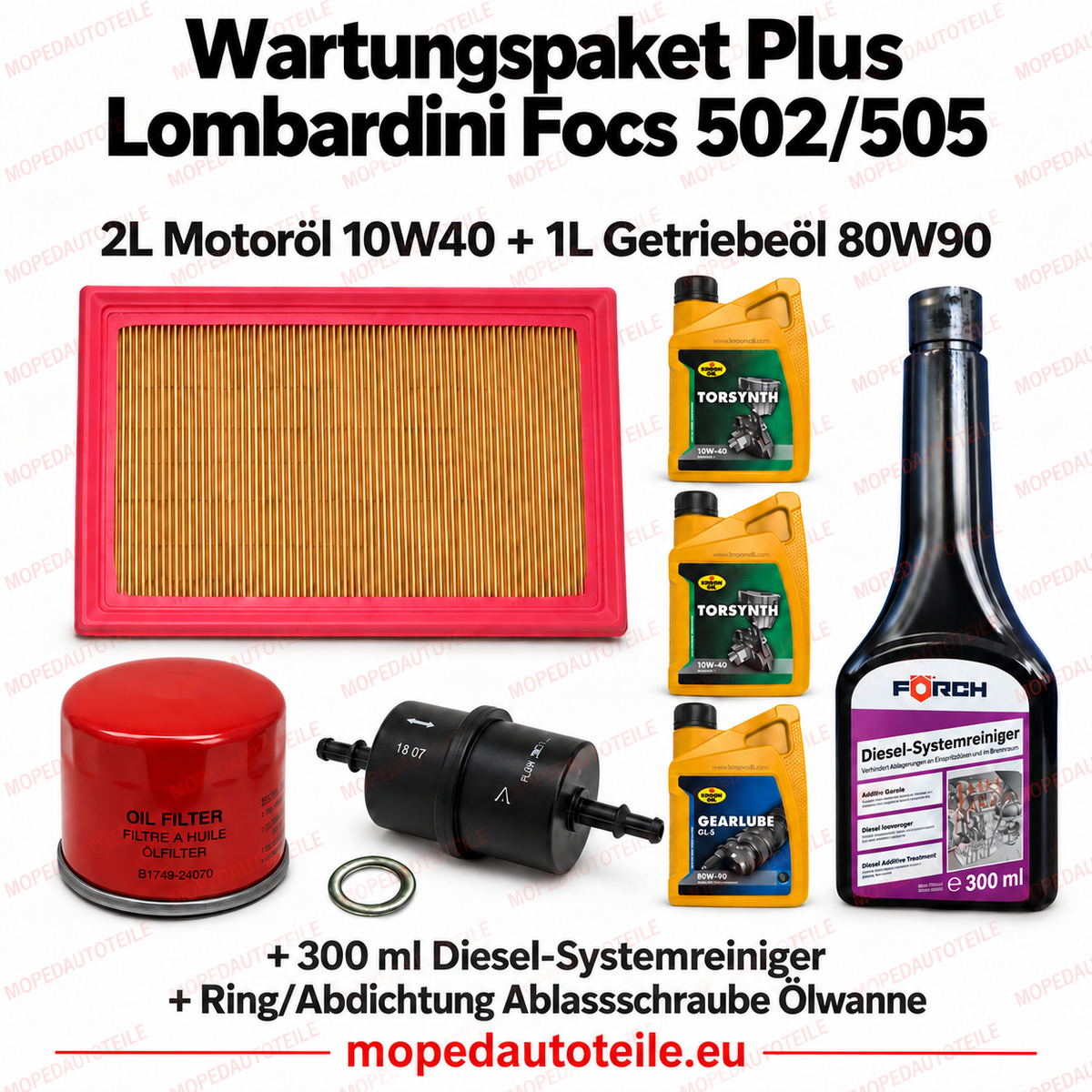 Kit d’entretien Plus Lombardini Focs 502/505 (Nova / MC1 / MC2) – kit de filtres + 2 L huile moteur 10W40 + 1 L huile de boîte 80W90 + joint d’étanchéité + nettoyant pour circuit diesel