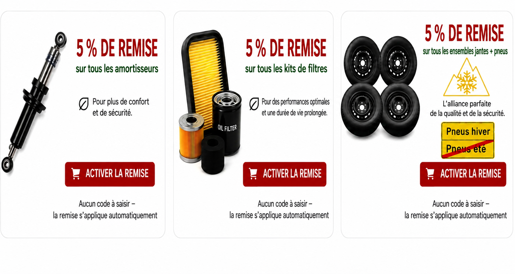 Promotions : 5 % de réduction sur les amortisseurs, kits de filtres et ensembles jantes et pneus
