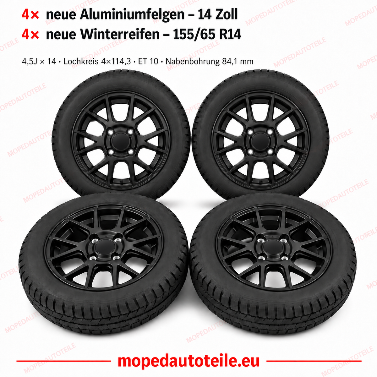 Lot de 4 jantes en alliage noires neuves et de 4 pneus hiver neufs de 14 pouces pour Aixam et Microcar